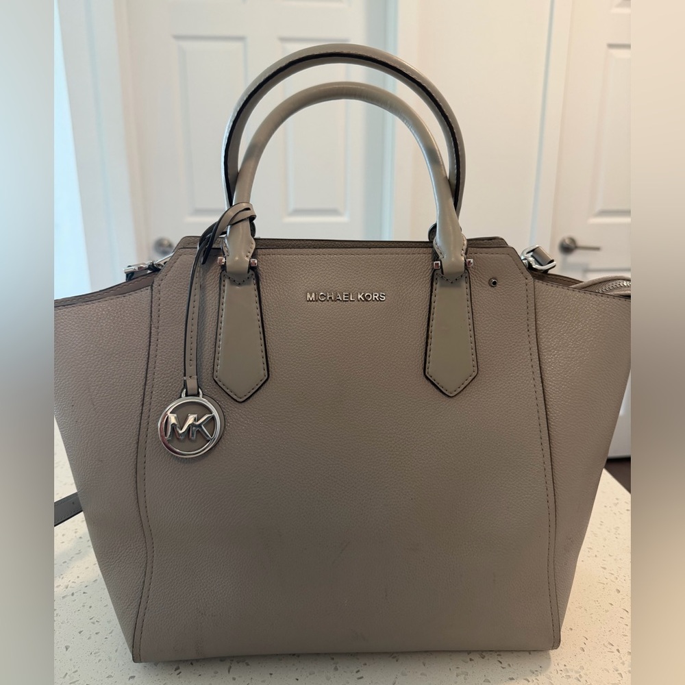 Michael Kors Taupe Satchel with Silver Logo Charm